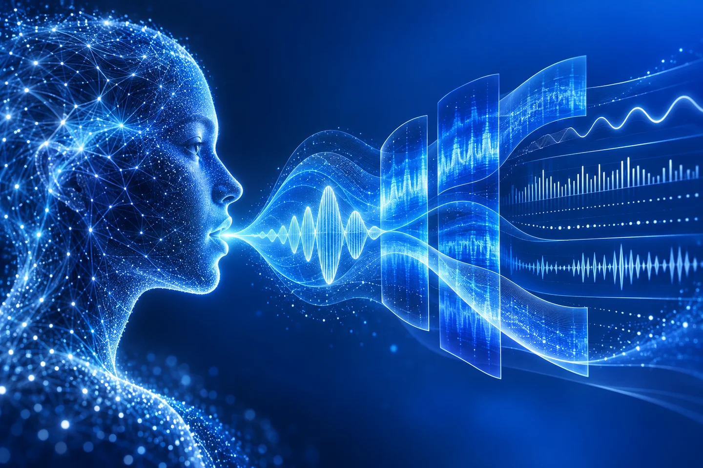 Conceptual voice-biomarker artwork: a human profile, acoustic waves, and layered signal patterns.
